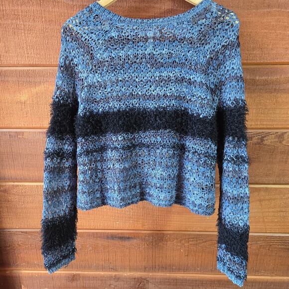 Leith Womens Open Knit Fuzzy Striped Crochet Sweater S Fairy Grunge Indie Boho - Picture 5 of 11